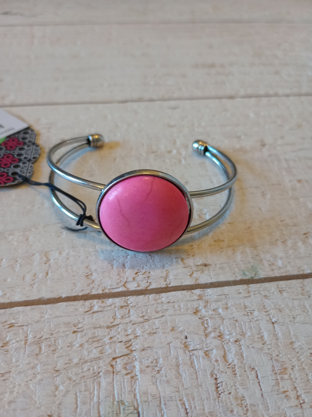 paparazzi Pink Round Stone Silver-Tone Open Cuff Bracelet